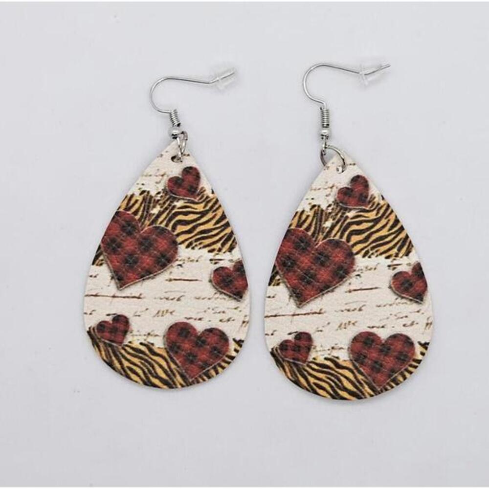 Valentine Heart Plaid Leopard Faux Leather Teardrop Dangle‎ Earrings